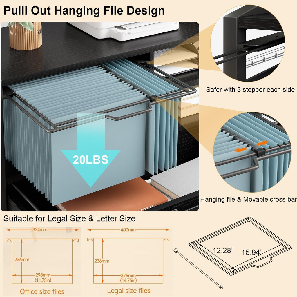 HSH Rolling Lateral File Cabinet with Storage Drawer, Black Mobile Filing Cabinet for Legal/Letter Size, Wood Metal Printer Stand with Shelves, Wheels & Hanging File Folder for Home Office Desk, 33 In