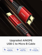 AINOPE 10Gbps Micro B to USB C Hard Drive Cable, [Nylon Braided] USB C to Micro B Cord, USB C to External Hard Drive Cable for Seagate WD Westgate, iPhone 16 Pro MacBook Air M2 Pro, 1.6FT, Red