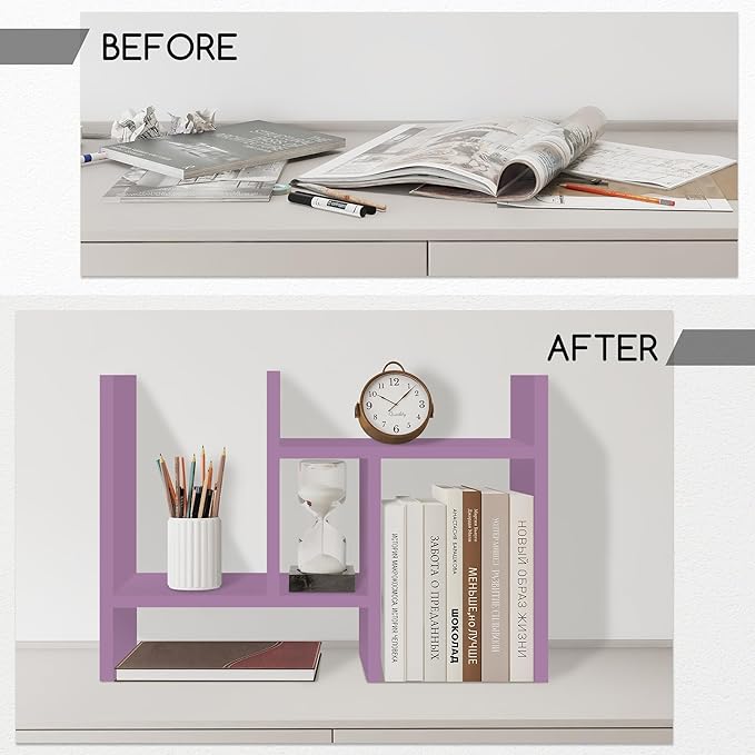 Jerry & Maggie Desktop Organizer Office Storage Rack Adjustable Wood Display Shelf Free Style Double H, Multi-Functional Mini Bookshelf for Desk Natural Stand (Violet)