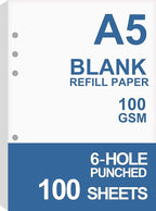 A5 Blank Paper, Refills for Filofax Planner, Organizer, Binders, 6 Hole Punched, 100 Sheets/200 Pages, 100gsm, White, 5.8 x 8.2 Inch