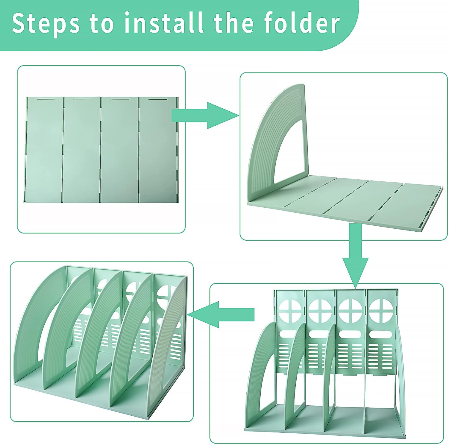 SAYEEC Magazine File Holder Folder Storage Desktop 4 Compartment Standing Hollow Green Files Bookshelf Organizer Box Office Racks Displays Holds Notebooks Documents for School Working Students