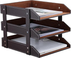 KINGFOM Letter Tray, Leather Paper Organizer Tray, Wooden Desk File Holder, Desktop File, Stackable Magazine Holder, Mail Sorter, Great for Home or Office - 3 Level Brown