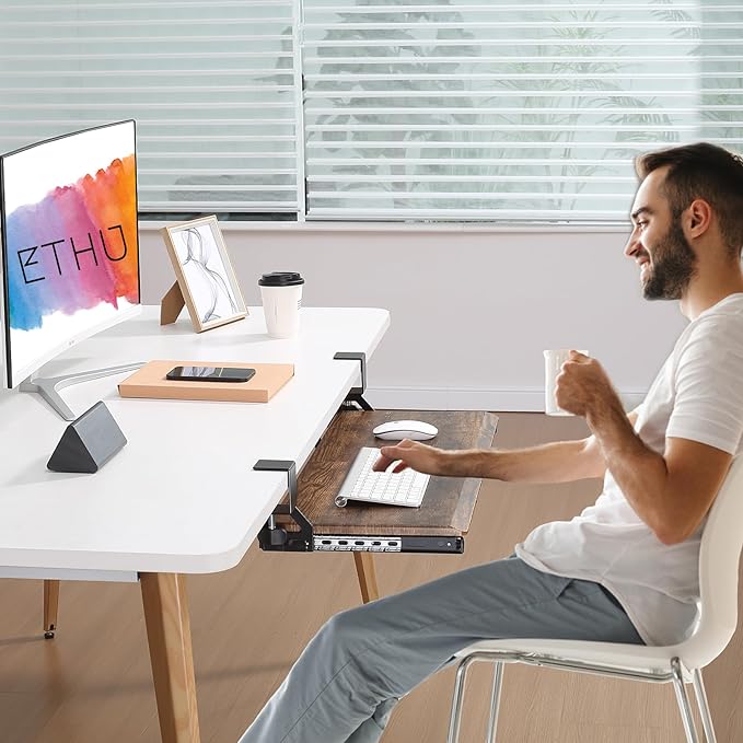 ETHU Keyboard Tray Under Desk, Pull Out Keyboard & Mouse Tray with C-clamp, Ergonomic Desk Keyboard Tray Slide Out, Pull Out Platform Drawer for Home and Office(Wood)