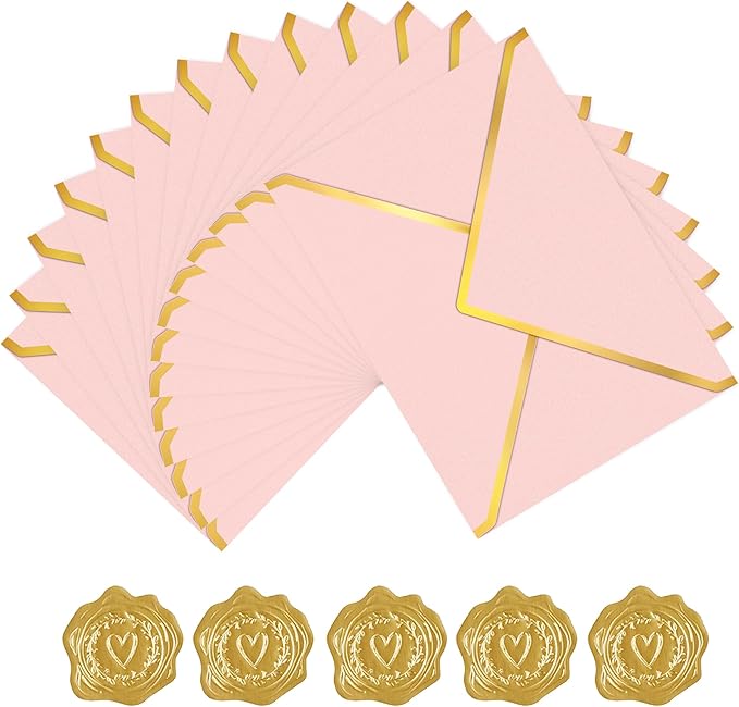 60 Pack Gold Envelopes 5x7 Bulk Pink, 250G Pearled Cardstock A7 Envelopes for Invitations Business Mailing Envelope with Gold Foil Border, A6 4x6 Envelopes for Wedding Baby Shower Cards