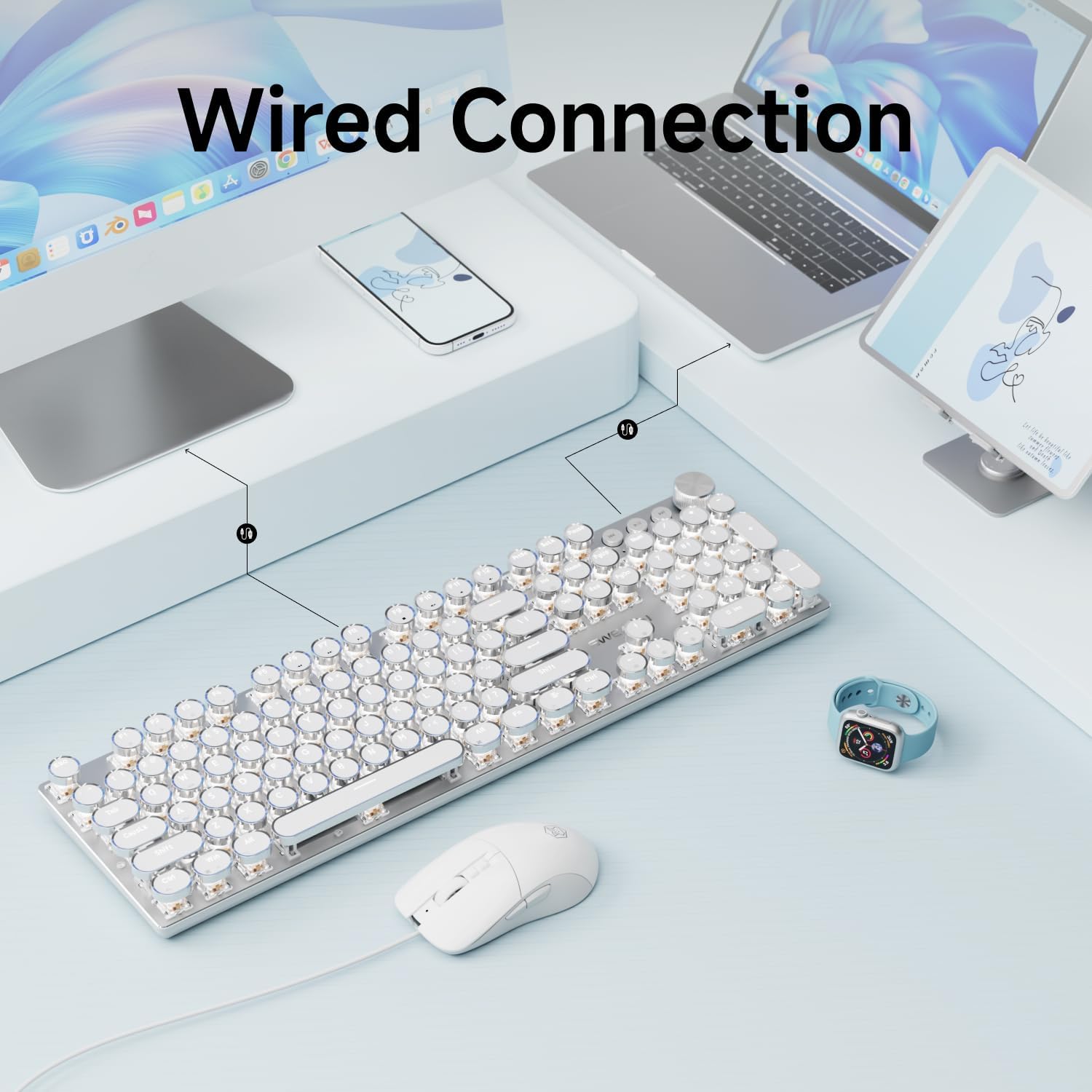 EWEADN Wired Typewriterkeyboard and Mouse Combo, Typewriter Style Mechanical Gaming Keyboard,104 Keys Backlit LED Keyboards, Media Control Knob, Wired Keyboard Pink Switch for Windows/Mac/PC-White