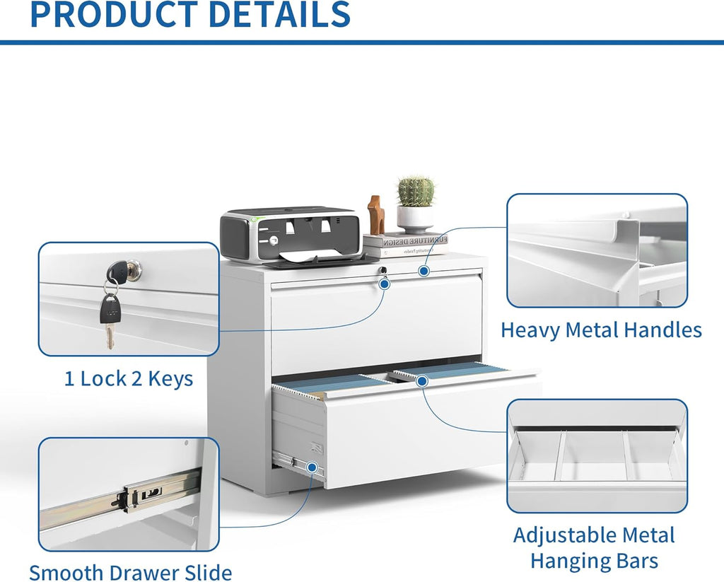 Lateral File Cabinet with Lock, Metal File Cabinets for Home Office Legal/Letter A4 Size, File Cabinet with 2 Drawer Storage Cabinet, Require Assembly, White