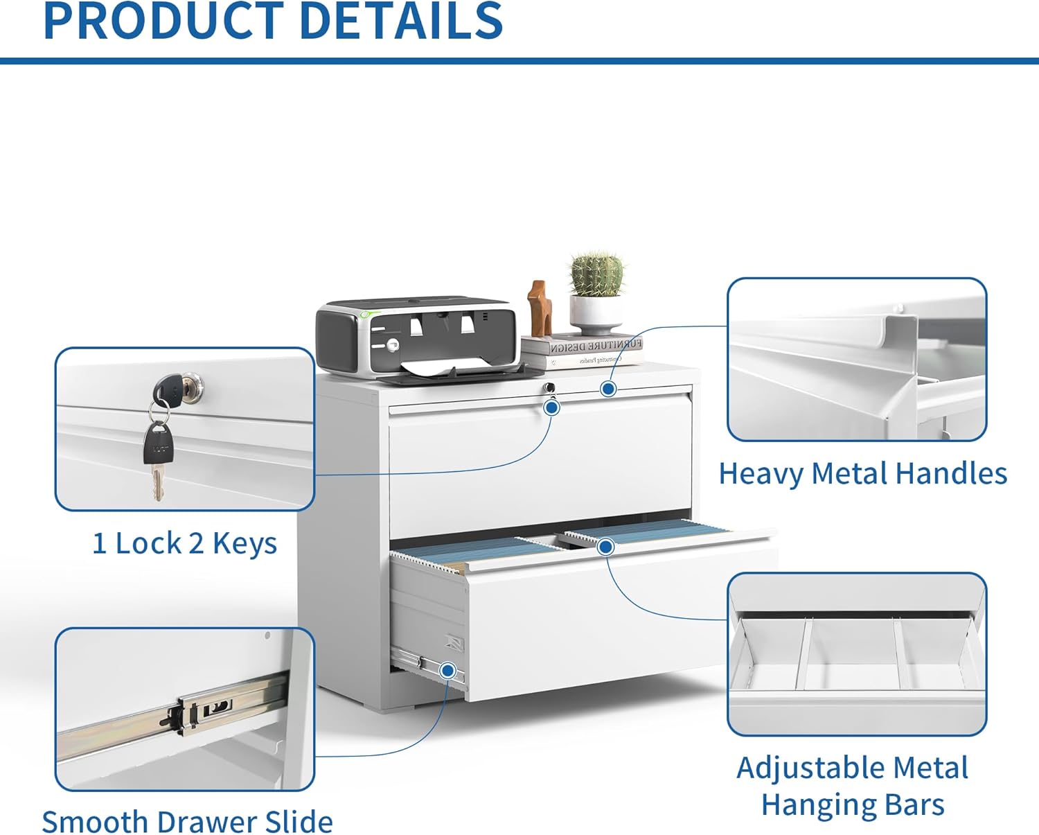 Lateral File Cabinet with Lock, Metal File Cabinets for Home Office Legal/Letter A4 Size, File Cabinet with 2 Drawer Storage Cabinet, Require Assembly, White