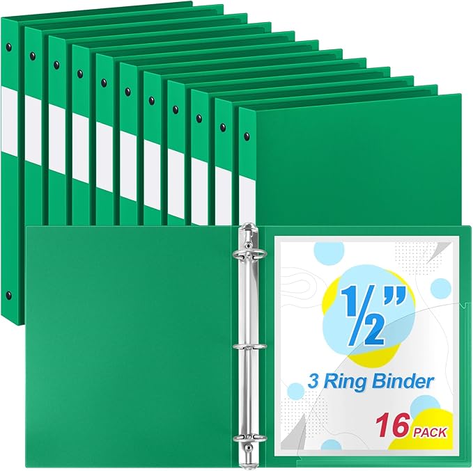 Henoyso 16 Pcs 3 Ring Binder 1/2'' Round Fits Letter Size 8. 5'' x 11'' Paper Plastic Flexible Binder Holds 100 Sheets with 1 Pockets Versatile Organizer for Office Home School (Green)