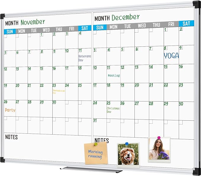 XBoard Magnetic Calendar Whiteboard 48" x 36" - 2 Month Dry Erase Board, White Board + Colorful Calendar Board, Silver Aluminium Framed Monthly Planning Board