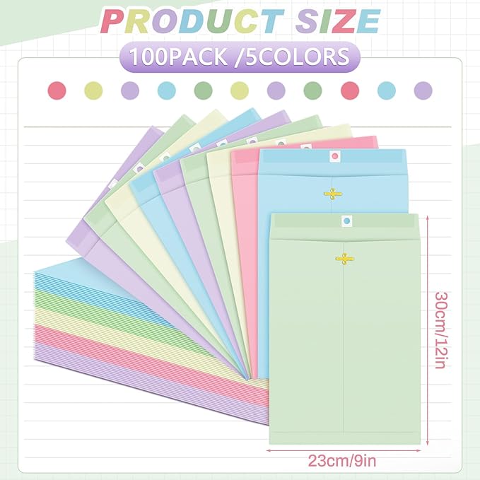 Geyee 100 Pcs Clasp Manilla Envelopes 9 x 12 Inch Gummed Colored Envelopes for Storing or Mailing for Home Office Business Supplies(Pastel Color)