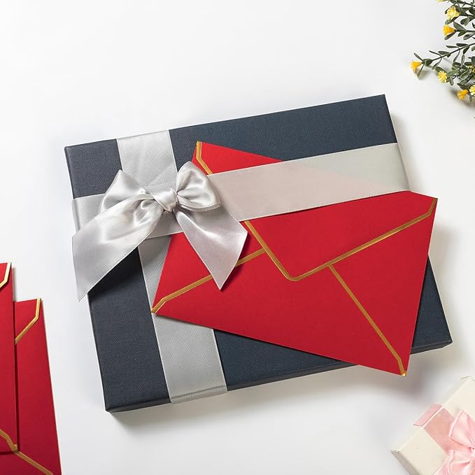 50 Pack A7 Envelopes Red 5 x 7 Self-Adhesive V Flap Envelopes with Gold Border for Office, Greeting Card, Wedding, Graduation, Baby Shower, Parties, Invitations (Red, 5x7)