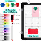 Polegas Dry Erase Whiteboard Calendar, Magnetic White Board Dry Erase Calendar, 16" X 12" Monthly Calendar Whiteboard for Wall, Small Double Side Board to Do List for Home, School, Office (Black)