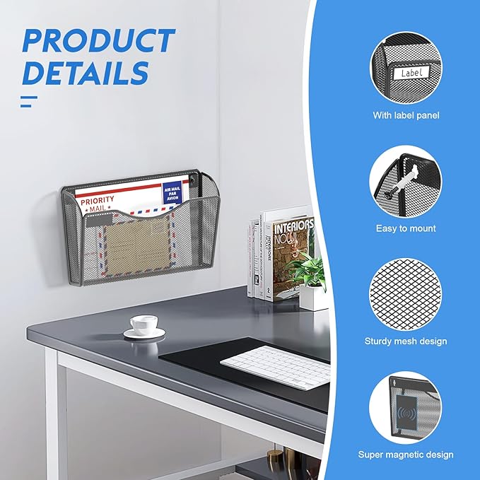 samstar 6 Pack Magnetic File Holder, Mesh Wall File Organizer File Pocket Mail Organizer Paper Folder Holder for Office/Home, No Drilling(Magnetic)
