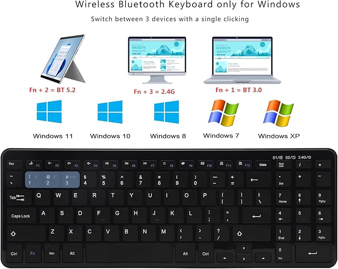 Wireless Bluetooth Keyboard, Universal Multi-Device Keyboard with Number Pad and Media Hotkeys, USB + Dual BT Connection, Ergonomic Design Slim for Windows Computer/Laptop/Tablet