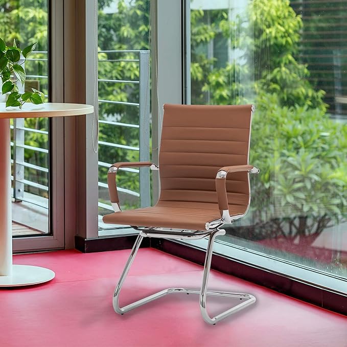 Office Desk Chair Set of 6,No Wheels PU Leather Computer Chairs Mid Back Guest Chairs with Seld Base for School/Reception/Conference/Waiting Room,Cafe