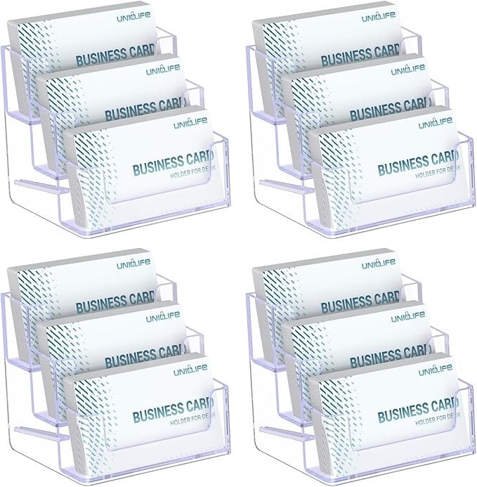 Uniclife 4 Pack Acrylic Business Card Holder for Desk 3 Slots Clear Business Card Display Stand for Men & Women Desktop Business Card Organizer Card Stand for Office Home Exhibition, 180 Card Capacity