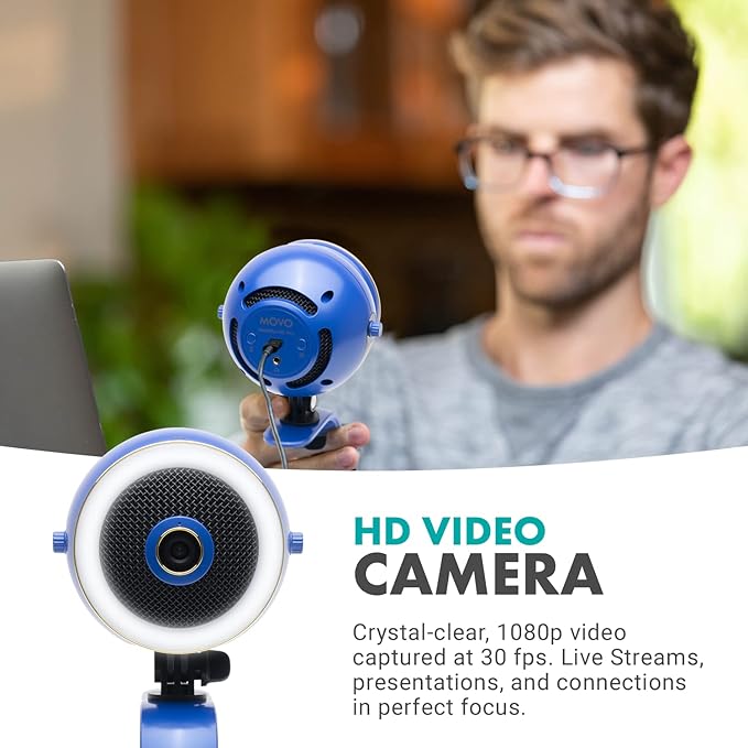 Movo WebMic HD Pro All-in-One Webcam with Mic and Ring Light in Royal Blue- 1080p HD Camera, Pro Cardioid Condenser Microphone, LED Ring Light - HD Webcam for Streaming, Video Calls, Recording, Gaming