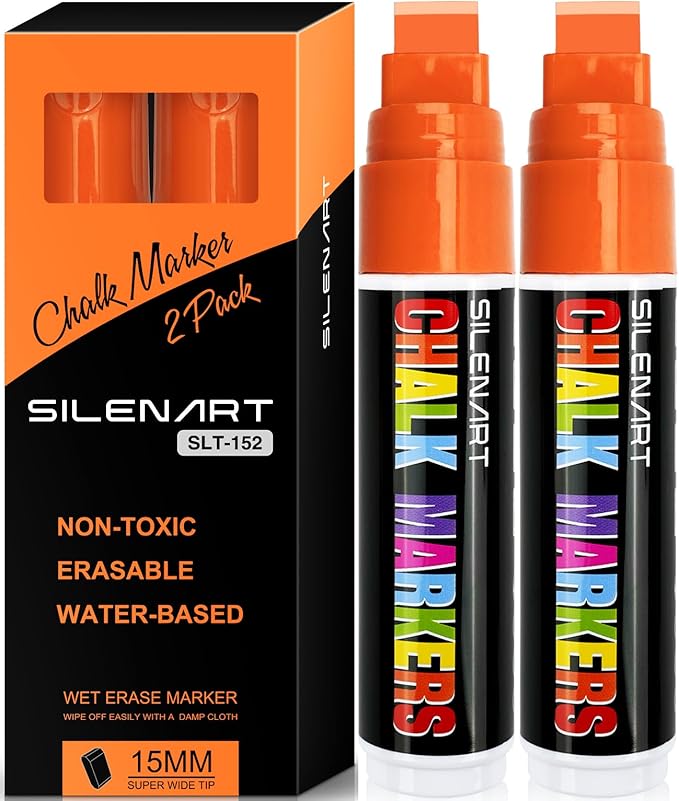 SILENART Orange Chalk Markers 2 Pack -15mm Jumbo Wide Thick Tip Auto Car Markers - Dry Erase Markers Pen - Orange Liquid Marker Pens for Chalkboard, Window, Glass, Mirror, Blackboard