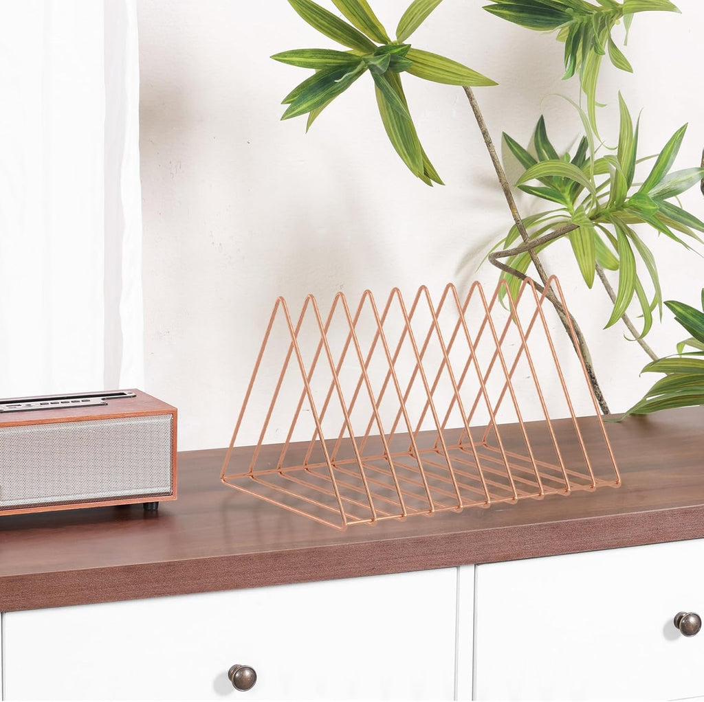 Urban Deco Triangle Desk Organizers Metal Wire Magazine Holder 10 Sections Decorative File Folder Organizer Vinyl Record Storage Office File Organizer For Desk - Rose Gold Magazine File Holder