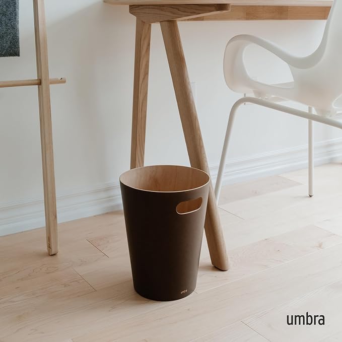 Umbra Woodrow, 2 Gallon Modern Wooden Trash Can Wastebasket or Recycling Bin for Home or Office, Espresso