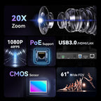 Tenveo HDMI/LAN/USB3.0 PoE PTZ Camera 20X Optical Zoom PTZ Camera IP Live Streaming, FHD 1080P 60FPS, for Church Services Worship Video Conference Live Streaming Online Meeting, 2025 Version