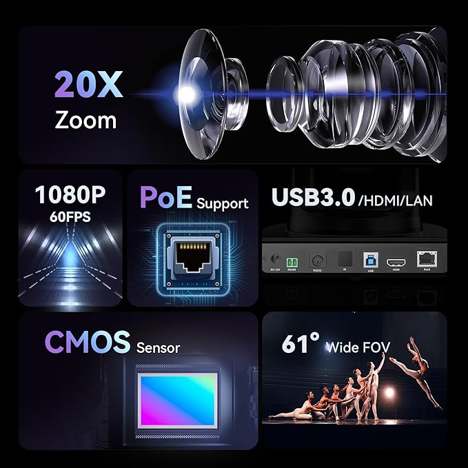 Tenveo HDMI/LAN/USB3.0 PoE PTZ Camera 20X Optical Zoom PTZ Camera IP Live Streaming, FHD 1080P 60FPS, for Church Services Worship Video Conference Live Streaming Online Meeting, 2025 Version