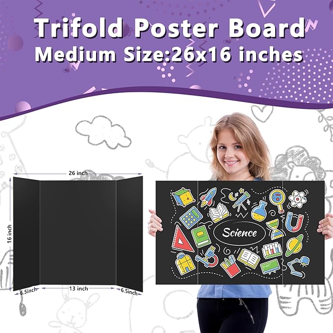3 Pack Medium Trifold Poster Board 26" x 16" Tri Fold Poster Boards Black Corrugated Cardboard Project Boards for Presentations, School Projects, Science Fair, Exhibition Event Display
