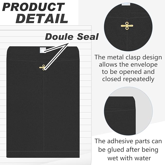 Geyee 50 Pcs 9 x 12 Inch Black Clasp Envelopes Letter Size Mailing Envelopes with Clasp Closure for Filing Storing Documents Office Home Business School