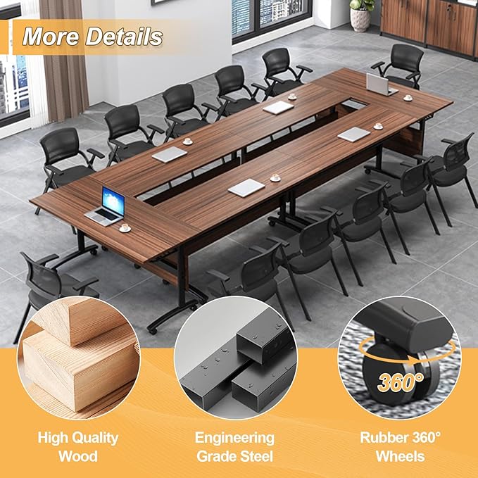 Conference Room Table with Silent Wheels, Mobile Folding Conference Table for 16 Person,Flip Top Office Training Tables with Walnuts Wood Tabletop, for School,Business Meeting Rooms (4 Pack 55in)