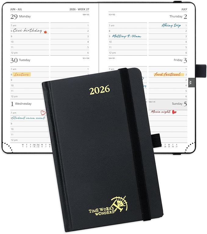 POPRUN 2026 Planner (Pocket Size 4''x 6.25'' Hardcover) - Small Calendar for Purse with Hourly Schedule & Vertical Weekly Layout, Monthly Calendars, 100 GSM - Black
