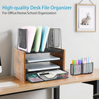 Wood Desk Organizers and Accessories, 4-Tier Workspace Desktop Paper Organizer with Drawer, 5 Vertical File Holders and Pen Holder for Office Supplies
