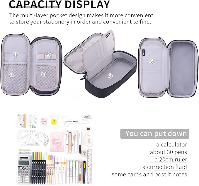 CICIMELON Durable Pen Pencil Case for School Supplies, High Capacity Pencil Bag Pouch Organizer for Teen Girls Boys Adults, Black