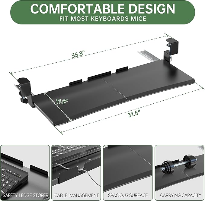 Extra Large Keyboard Tray Under Desk - Slide Out with Sturdy C-Clip Mount System, 31.5" (35.8" Including Clamps) x 11.8" Put-Out Keyboard Tray Computer Drawer for Ergonomic Typing, Black