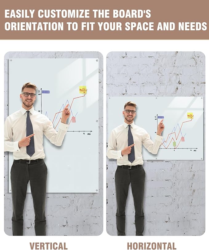 Magnetic Glass Whiteboard，72"x48" Wall Mounted Frameless Dry Erase Board for Office, Home & School White