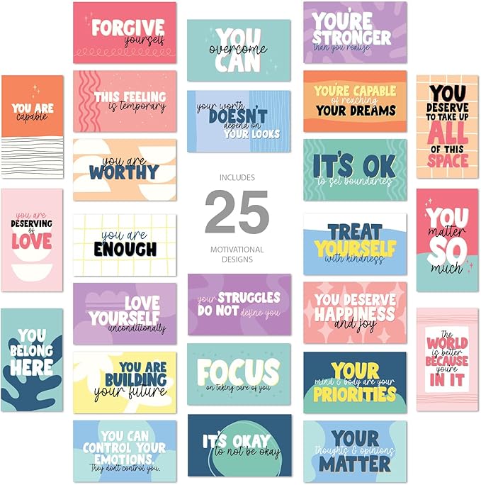 Strong Mental Health Mini Quote Cards / 50 Motivational Kindness Cards / 25 Vibrant Uplifting Designs / 2" x 3.5" Flat Business Card Size/Small Inspirational Daily Quote Cards