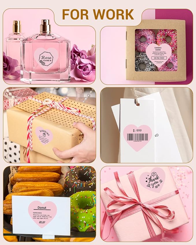 Phomemo 3" Pink Thermal Labels for Shipping Label Printer - Cute Label for Small Business Supplies - 500 Pink Labels/Roll, Cute Heart Stickers Roll for Custom Stickers Personalized & Business