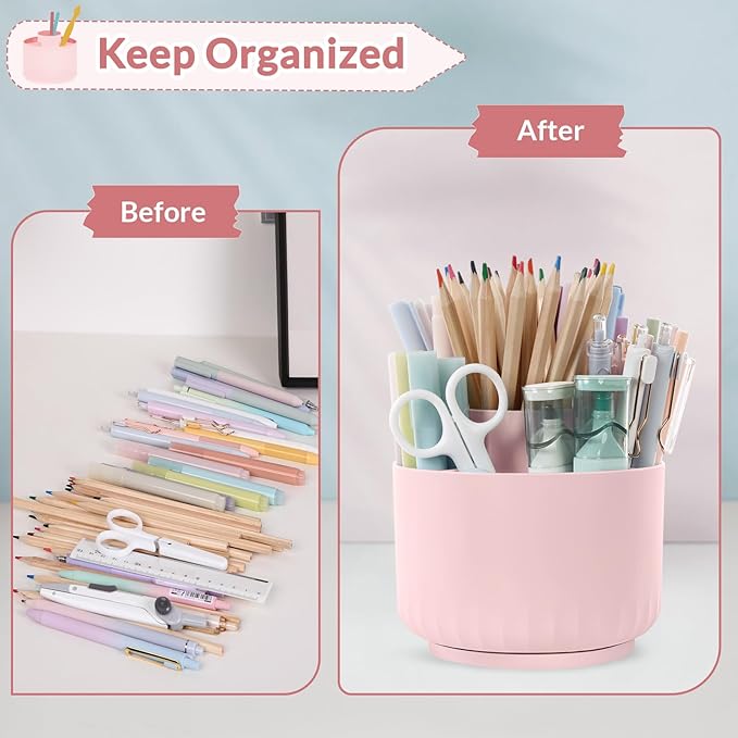 SKYDUE Makeup Organizer, Rotating Pencil Pen Holder for Desk, Dual-Purpose Desk Organizer for Cosmetics & Pens, Makeup Brush Holder with 5 Slots, Pencil Cup for Office, Home
