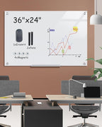 Magnetic Glass Whiteboard，36"x24" Wall Mounted Frameless Dry Erase Board for Office, Home & School Ultra White