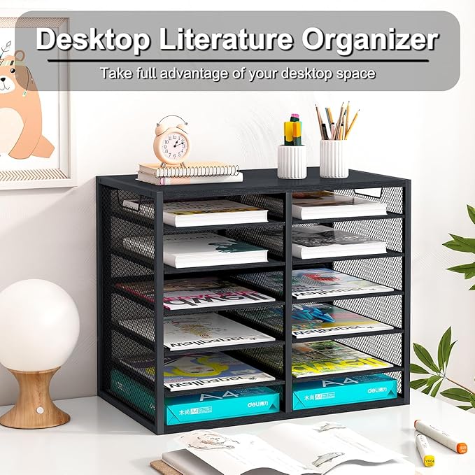 PAG Mass Mail Holder, Adjustable Countertop Literature Organizer, Student Mailbox, Desktop Bill Paper Organizer, 12 Compartments, Black