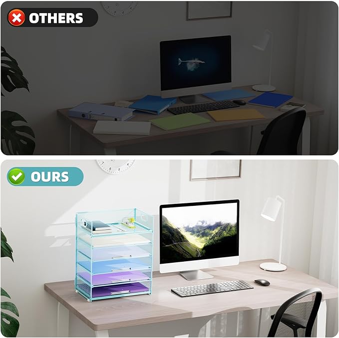 Marbrasse 6 Tier Paper Organizer Letter Tray - Mesh Desk File Organizer with Handle, Paper Sorter for Letter/A4 Office File Folder Holder -Blue