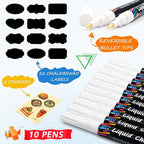 White Liquid Chalk Markers Set, Pack of 10 White Chalkboard Paint Pens with 12 Chalkboard Labels, 5 Stickers, Perfect for Chalkboards, Bistro Boards, Glass and Metal