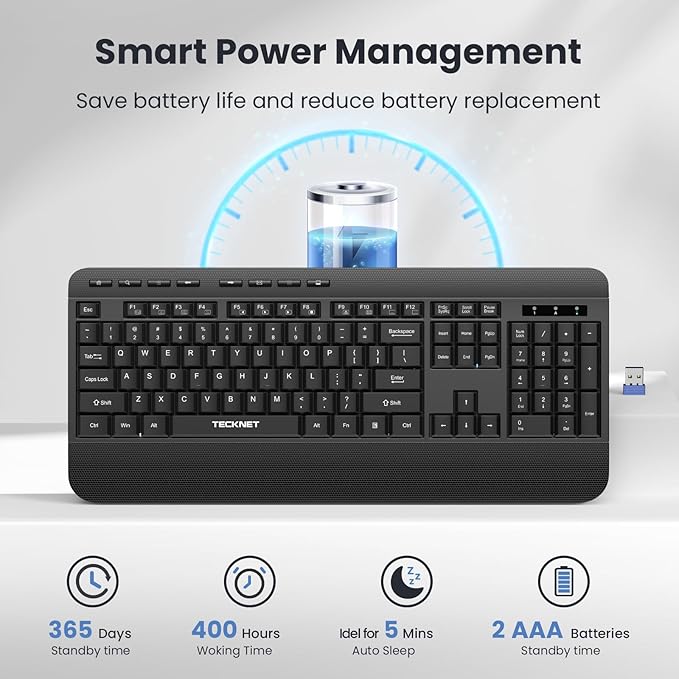 TECKNET Ergonomic Wireless Keyboard for Laptop, 2.4G USB Silent Computer Keyboard with Comfortable Palm Rest & Adjustable Feet Stand for Desktop, PC, Notebook, Surface and Windows, Full Size Layout