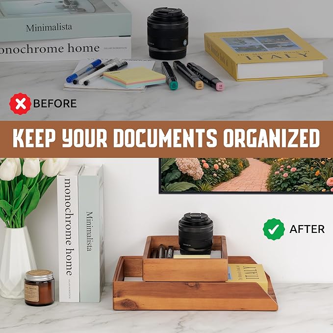 Demigo Desk Organizer Letter Tray Set of 2, Acacia Wood Tabletop Desktop for Storage Paper Letter Folders Notebooks Copy Print, Workspace Holder, Keep Stationery Saver (Brown)