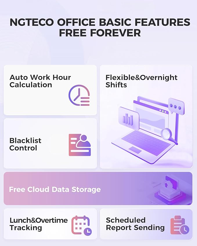 NGTeco Time Clock Cloud-Based, TC4 Fingerprint Time Clocks for Employees Small Business, 2.4G WiFi Customization Rule Clock in Machine with Remote Control Software ＆ iOS/Android App, No Monthly Fee