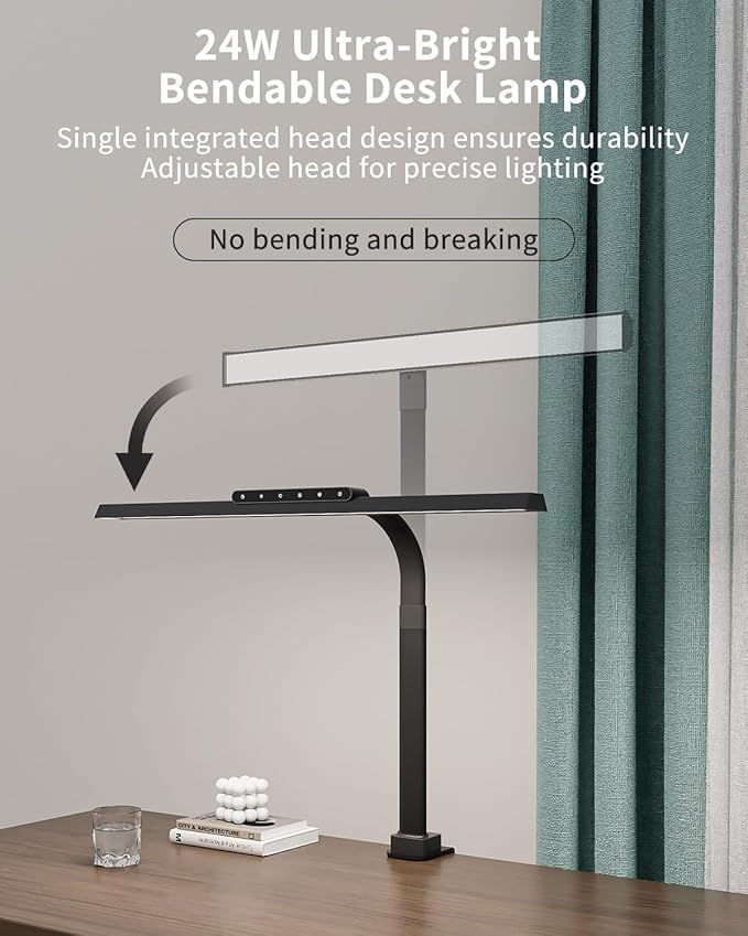 LED Desk Lamps for Home Office, 24W Bright Eye-Caring Light with Clamp, Stepless Dimming Adjustable Flexible Gooseneck Clip on Desk Office Lamp with Adapter for Reading, Study, Workbench,Black