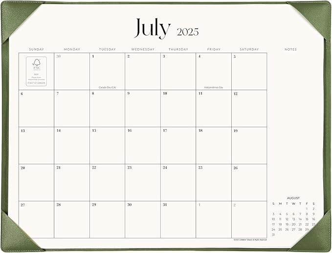 Simplified Desk Calendar 2025-2026 with Desktop Mat, Cabbrix Large Desk Pad Calendar 21" x 16-1/2" Runs From July 2025 to December 2026, Desk Blotter Calendar for Home School and Office (Mint Green)