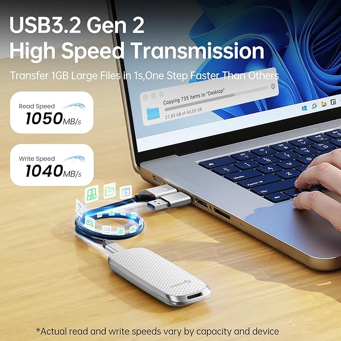 PHIXERO P10PRO External NVMe SSD 2TB, Up to 1050MB/s, USB 3.2 Gen2, Includes 2-in-1 USB C Cable, Portable Hard Drive for iPhone 15+/Android/Windows/Mac, White