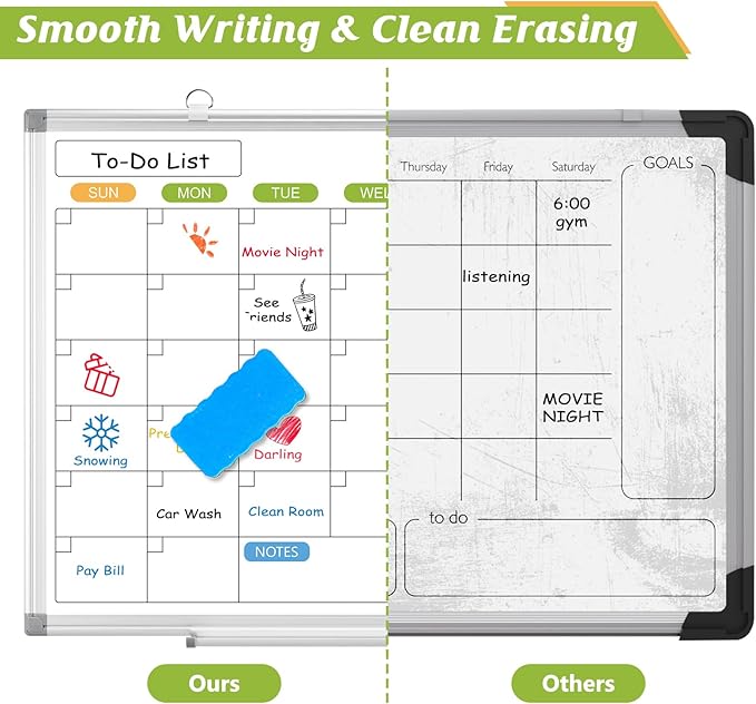 Dry Erase Calendar Whiteboard for Wall, 24" x 18" Magnetic Monthly White Board Calendar, Hanging Double-Sided White Board for Planning, Memo, School, Home, Office