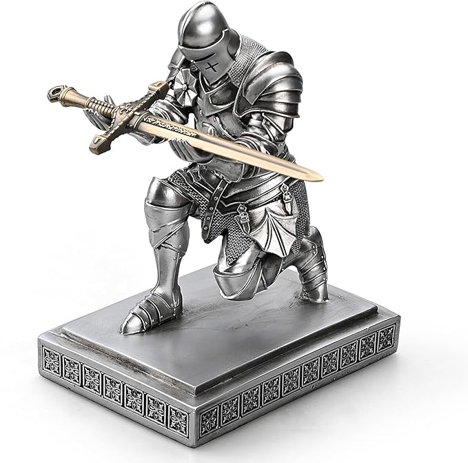 Medieval Armored Warrior Knight Pen Holder Desk Organizers and Accessories Resin Pencil Holder Paperweight as Gift with a Cool Letter Opener for Desk (Silver)
