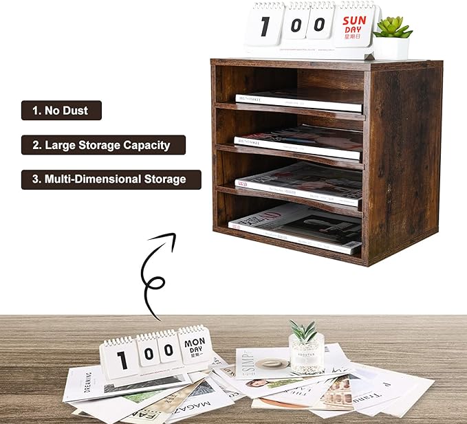 PAG Mail Sorter, Wood Countertop Literature Organizer, Office Supplies Desktop File Bill Paper Organizer for Home School, 4 Compartments, Antique Brown